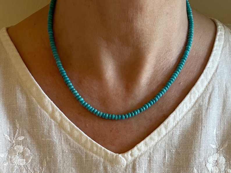 This classic necklace is made with high quality genuine AAA grade 4mm natural blue Arizona turquoise rondelle beads. The simple design is an inspiration of Southwestern charm, worthy of any occasion.