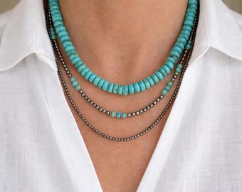 9mm Kingman Arizona Turquoise Necklace, Blue Green Rondelle Gemstone Choker, Big Large Chunky Beads, Navajo Southwestern Unisex Gift for Her