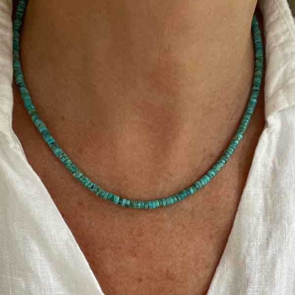 4mm Kingman Turquoise Beaded Heishi Necklace, Genuine Natural Blue Green Arizona Native American Southwestern Navajo Healing Necklace Unisex