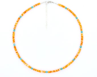 Blaue Arizona-Türkis- und Orange-Spiny-Oyster-Halskette, 4-mm-Rondelle-Edelsteine, silberne Bali-Perlen, femininer, zierlicher Alltags-Halsband für Damen