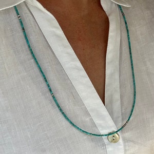 Kingman Turquoise Blue Green Beaded Heishi Necklace, Light Delicate Dainty Boho 2mm Tiny Small Genuine Natural Asymmetrical Gemstone Choker