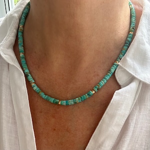 Genuine Turquoise Large Heishi Beaded Necklace | Natural 6mm Blue Green Gemstone Choker | Sterling Silver | 14k Solid Gold | 14k Gold Filled