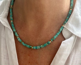Genuine Turquoise Large Heishi Beaded Necklace, Real Natural Turquoise 5mm Blue Green Gemstone Choker Unisex Jewelry, Gift For Him Her