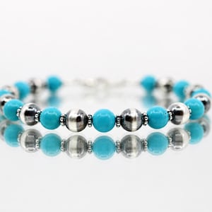 Bright Blue Turquoise Bracelet | Genuine Nacozari 6mm Gemstone Beads | Sterling Silver Navajo Pearls | Southwestern Artisan Stacking Jewelry