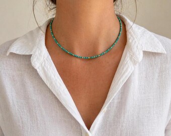 3mm Round Arizona Turquoise Beaded Choker, Woman's Feminine Modern Dainty Necklace, Delicate Tiny Small Gemstone Gift, Silver or Gold