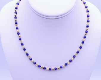 Small Dainty 4mm Blue Lapis Lazuli and 14k Gold Filled Bead Gemstone Necklace, Modern Rich Regal Egyptian Etruscan Feminine Beaded  Choker