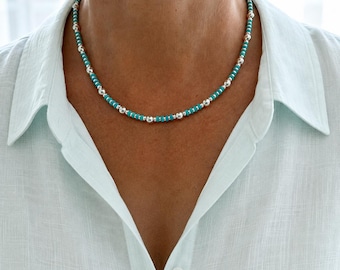 4mm Arizona Turquoise & Sterling Silver Heishi Bead Necklace, Southwestern Choker