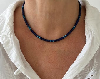 Kingman Turquoise Lapis Heishi Necklace | Minimalist Gemstone Choker, Silver or Gold