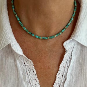 4mm Genuine Kingman Arizona Turquoise Yellow Gold Heishi Necklace, Women&#39;s Modern Minimalist Tiny Small Bead Gemstone Choker, 14K Solid Gold