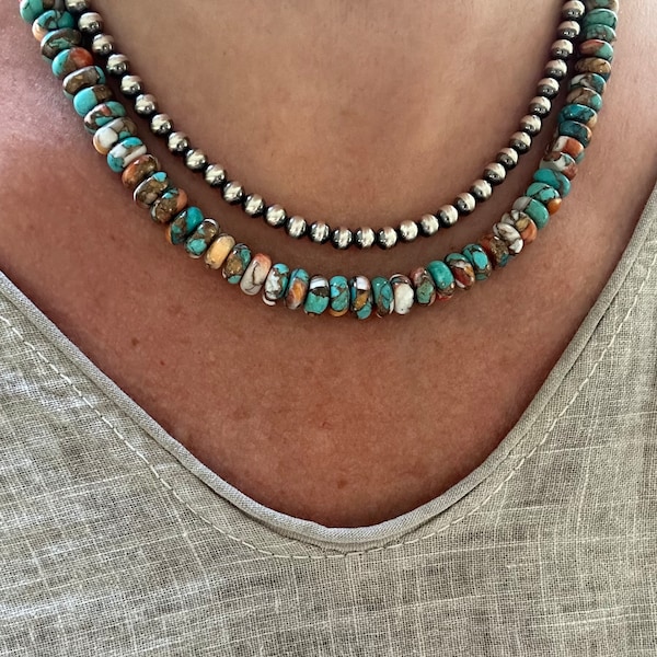 8mm Blue Kingman Mohave Arizona Turquoise & Orange Spiny Oyster Gemstone Necklace with Sterling Silver Findings