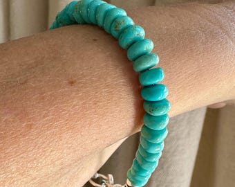 6mm Turquoise Beaded Rondelle Bracelet, Genuine Kingman Turquoise Beaded Wristlet & Clasp, Authentic Natural Blue Green Turquoise Gemstone