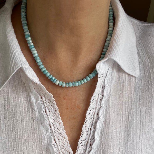 Stunning Larimar Large Bead Necklace, 6mm AAA Grade Blue Turtleback Larimar Smooth Rondelle Gold Fill or Silver Modern Gemstone Choker Women