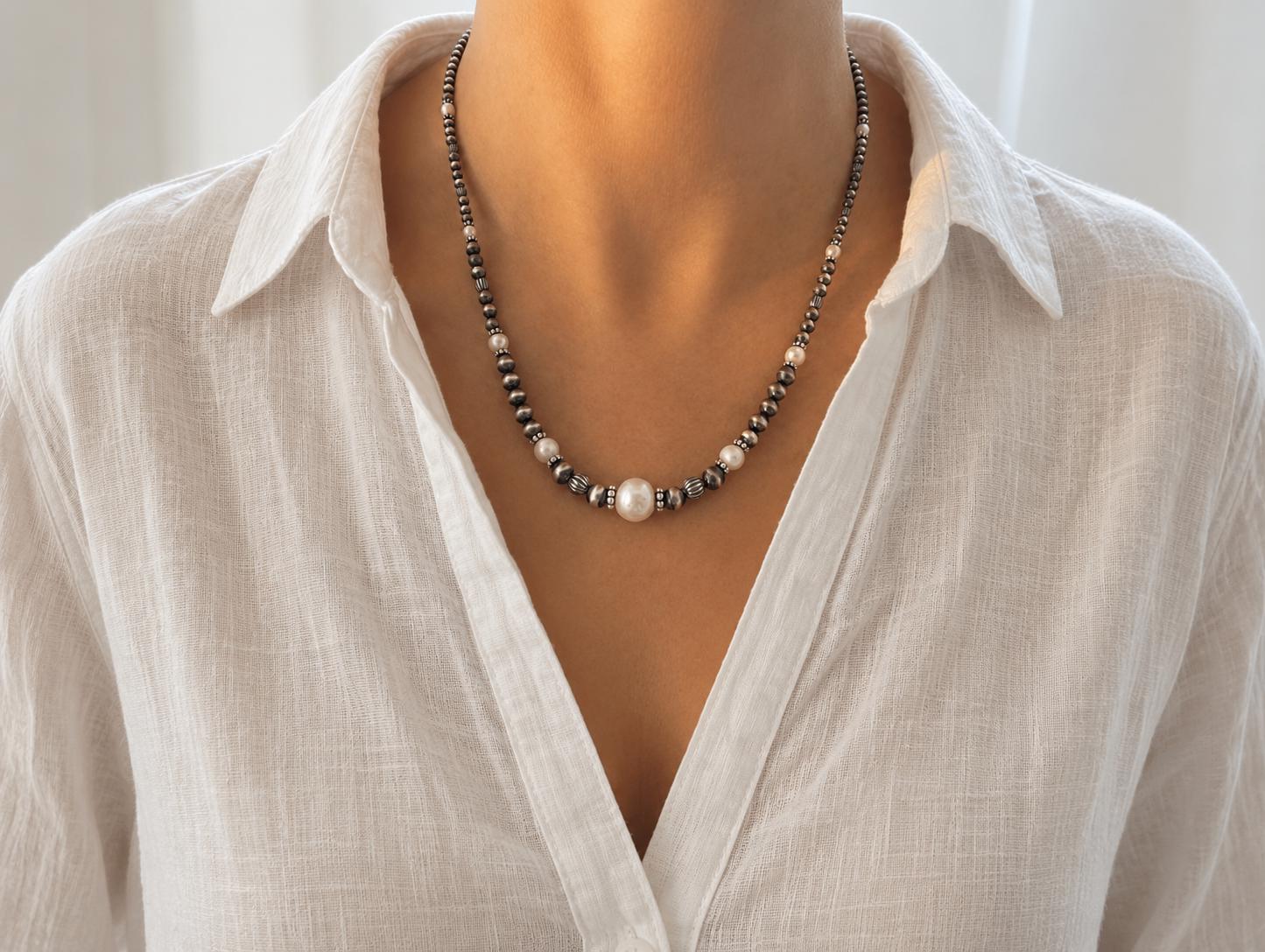 White Freshwater Pearl & Sterling Silver Necklace, 4-10mm Navajo