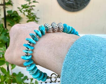 Sky Blue Turquoise and Sterling Silver Bracelet | 10mm Heishi Bead Gemstone Jewelry