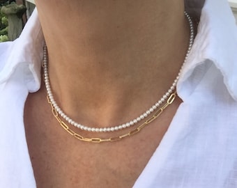 AAAAA Grade 3mm Freshwater Pearl Necklace, True Round White Small Seed Tiny Bead Pearls Choker, Sterling Silver, 14k Solid Gold, Gold Filled