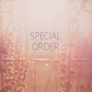 May include: A soft, blurred image with a warm, pink and peach color palette. The words "SPECIAL ORDER" are displayed in a clean, sans-serif font. The background features delicate plant stems and a subtle, sunlit effect.