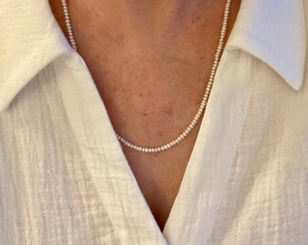 3mm White Rondelle Freshwater Pearl Long Necklace, Dainty Layering Petite Gold or Silver Tiny Small Seed Bead Bridal Choker AAA High Luster!