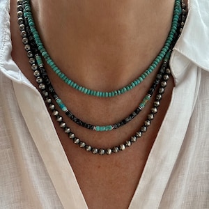 4mm Blue Arizona Turquoise with Black and Gray Obsidian Heishi Necklace, Unisex, Men's, Women's Dramatic Southwestern Hippie Bohemian Choker