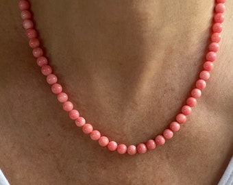 6mm Salmon Pink Coral Round Gemstone Necklace, Beaded Layering Minimalist Choker Angel Skin Necklace, Sterling, 14K Solid Gold, Gold Fill
