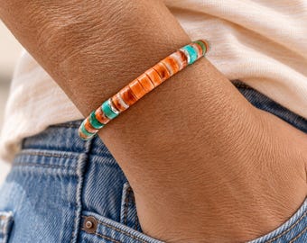 Kingman Turquoise Spiny Oyster Heishi Bracelet, 6mm Arizona Sunset Gemstone, Silver Accent