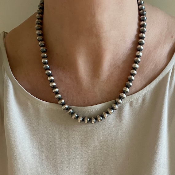 8mm Navajo Pearls Necklace, .925 Sterling Silver Real 8mm Navajo Pearls Necklace, .925 Sterling Silver Real