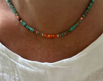 Blue Arizona Turquoise & Orange Spiny Oyster Heishi Necklace, 4mm Gemstone, Available in Sterling Silver, 14k Solid Gold, or Gold Filled