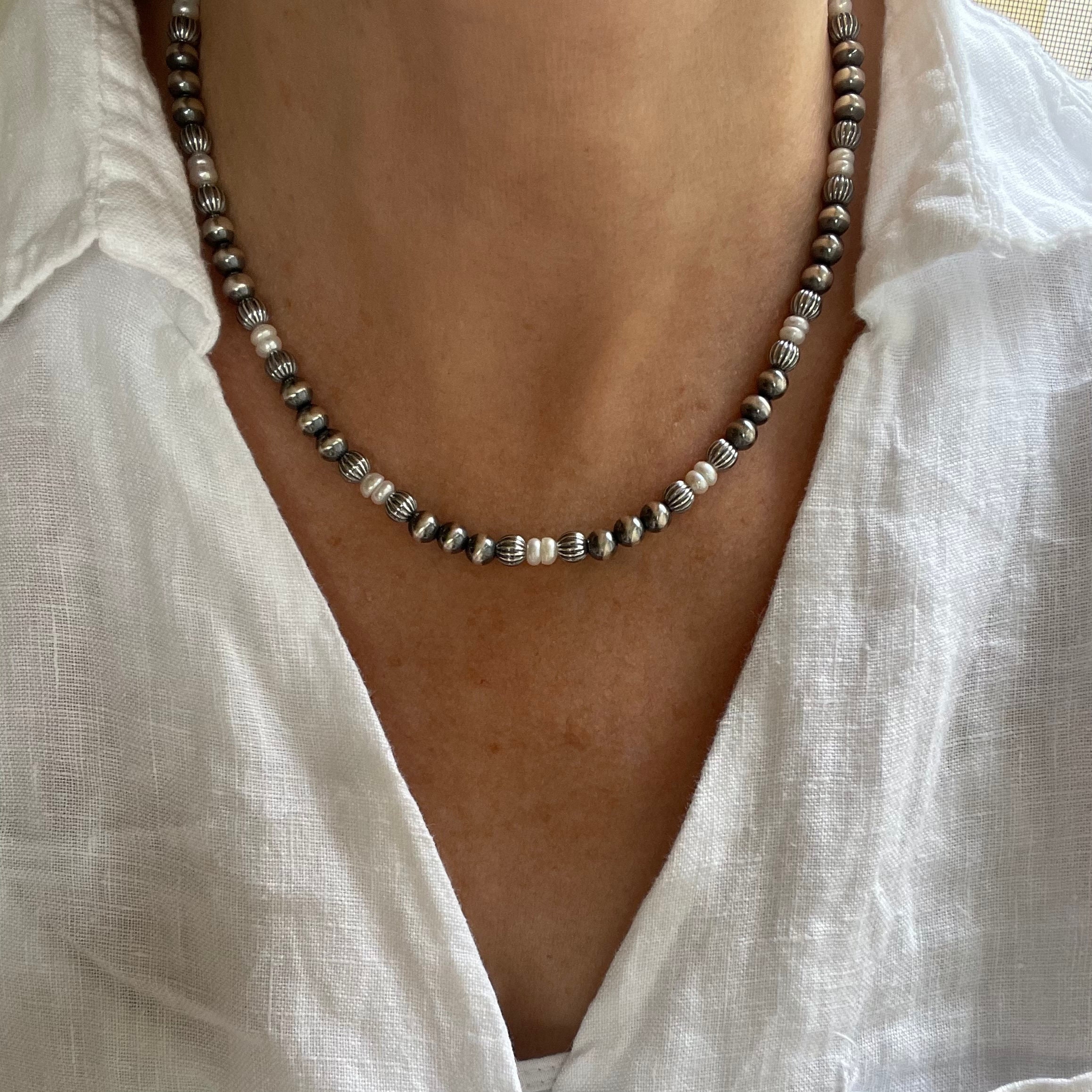 ◇HYERES LOR◇ Noaiyu Silver (Y) Freshwater Pearl Bead Neckl Freshwater Pearl and Navajo Pearls Necklace, 6mm Silver