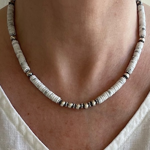 6mm White Buffalo Howlite Heishi Bead & Navajo Desert Pearls Bead Necklace, Hippie Boho Bohemian Gemstone Necklace, Surfer Choker Necklace