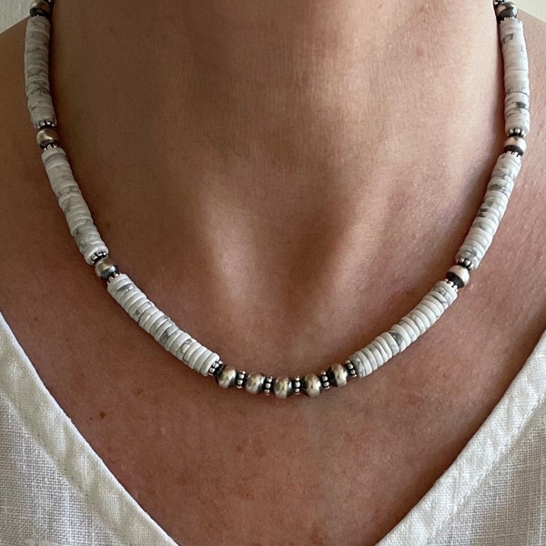 6mm White Buffalo Turquoise Heishi Bead & Navajo Desert Pearls Bead Necklace, Hippie Boho Bohemian Gemstone Necklace, Surfer Choker Necklace