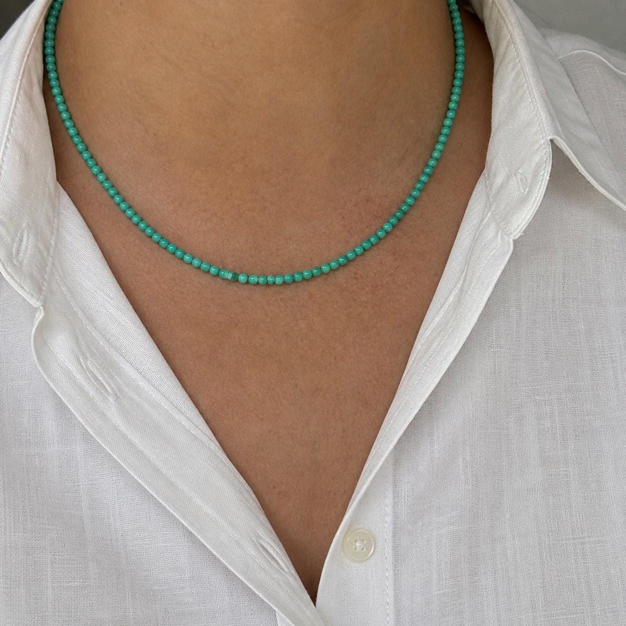 4mm Round Blue Green Kingman Turquoise Beaded Necklace, Authentic