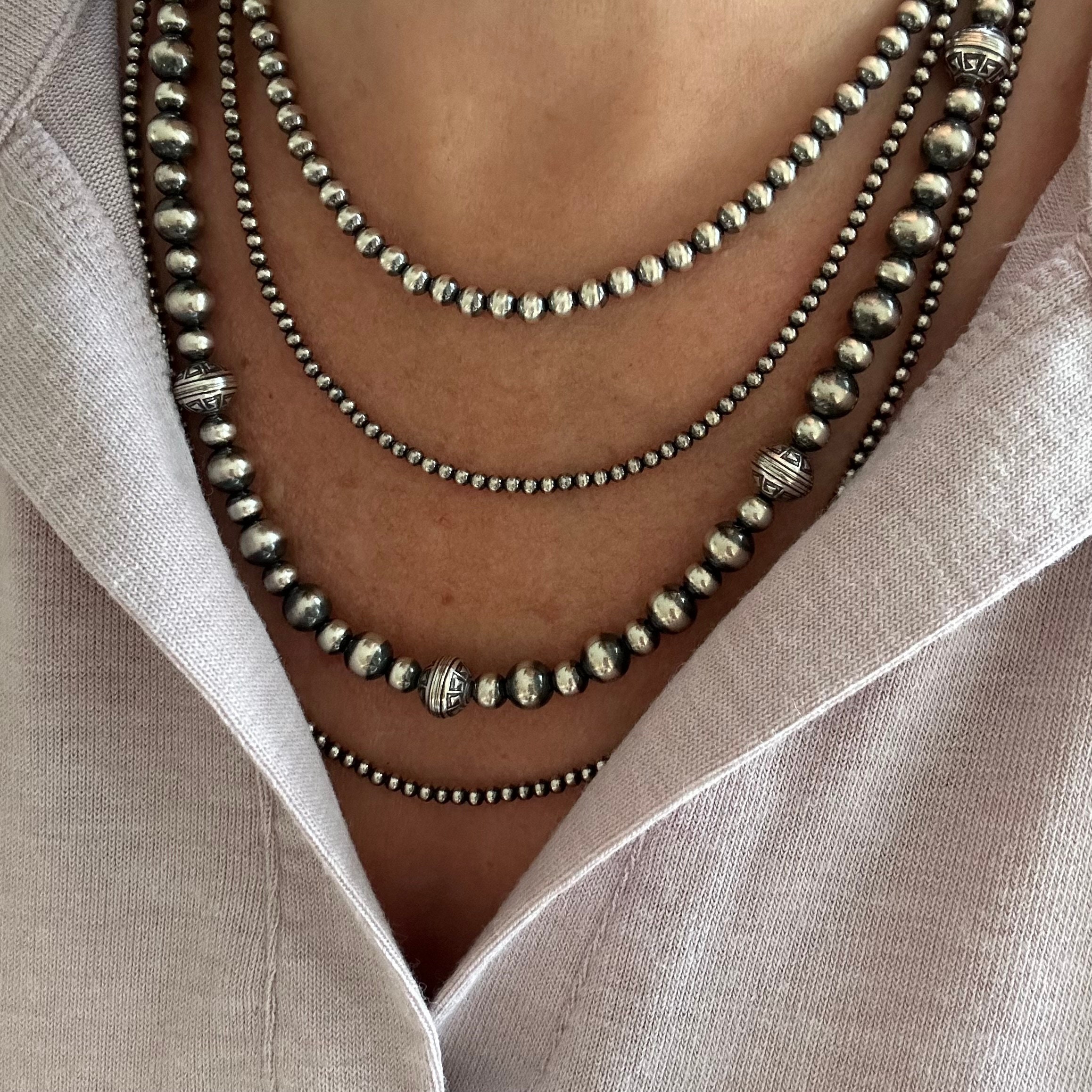 Navajo Pearls Beaded Necklace, Sterling Silver Unique Aztec Native