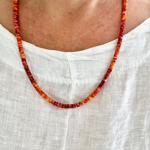 Pure Orange & Bright Red Spiny Oyster Ombre Heishi Bead Necklace, Unique Round Colorful Multicolor Beaded Tribal Unisex Choker Jewelry Gift