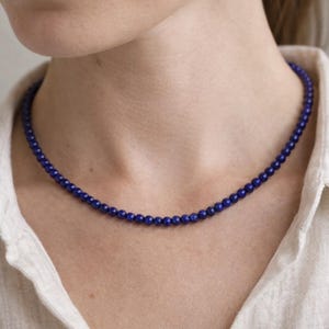 4mm Lapis Lazuli Beaded Necklace: Royal Blue Gemstone, Sterling Silver Choker