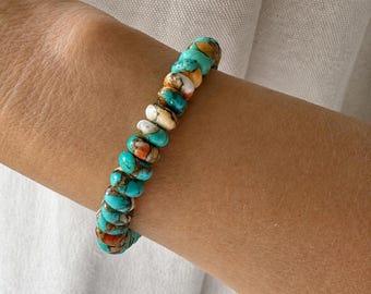 Kingman Arizona Turquoise Bracelet, 8mm Orange Mojave Beads, Blue Green Turquoise Orange Spiny Oyster Red Highlights, Silver or Gold