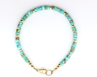 Arizona Turquoise 4mm Heishi Bead Bracelet, Thin Unisex Minimalist Stacking Layering Gemstone Jewelry, Silver, Gold Filled or 14K Solid Gold