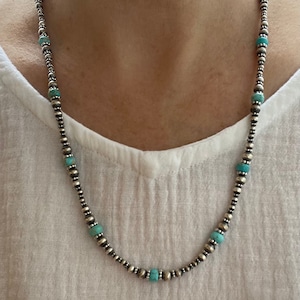 Kingman Turquoise Graduated Beaded Necklace, Genuine Turquoise Dainty Navajo Pearl Necklace, 6mm Blue Turquoise Gemstone Wave Necklace