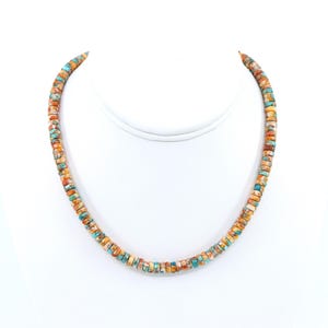Mohave Turquoise & Spiny Oyster Heishi Necklace: Sterling Silver Choker
