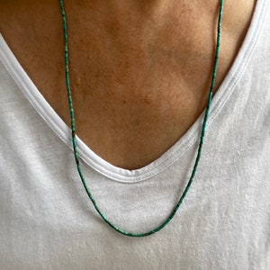 Kingman Turquoise Blue Green Beaded Heishi Necklace, Lightweight Delicate Dainty 2mm Tiny Small Natural Choker Silver or 14k Solid Gold