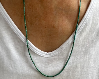Kingman Turquoise Blue Green Beaded Heishi Necklace, Lightweight Delicate Dainty 2mm Tiny Small Natural Choker Silver or 14k Solid Gold
