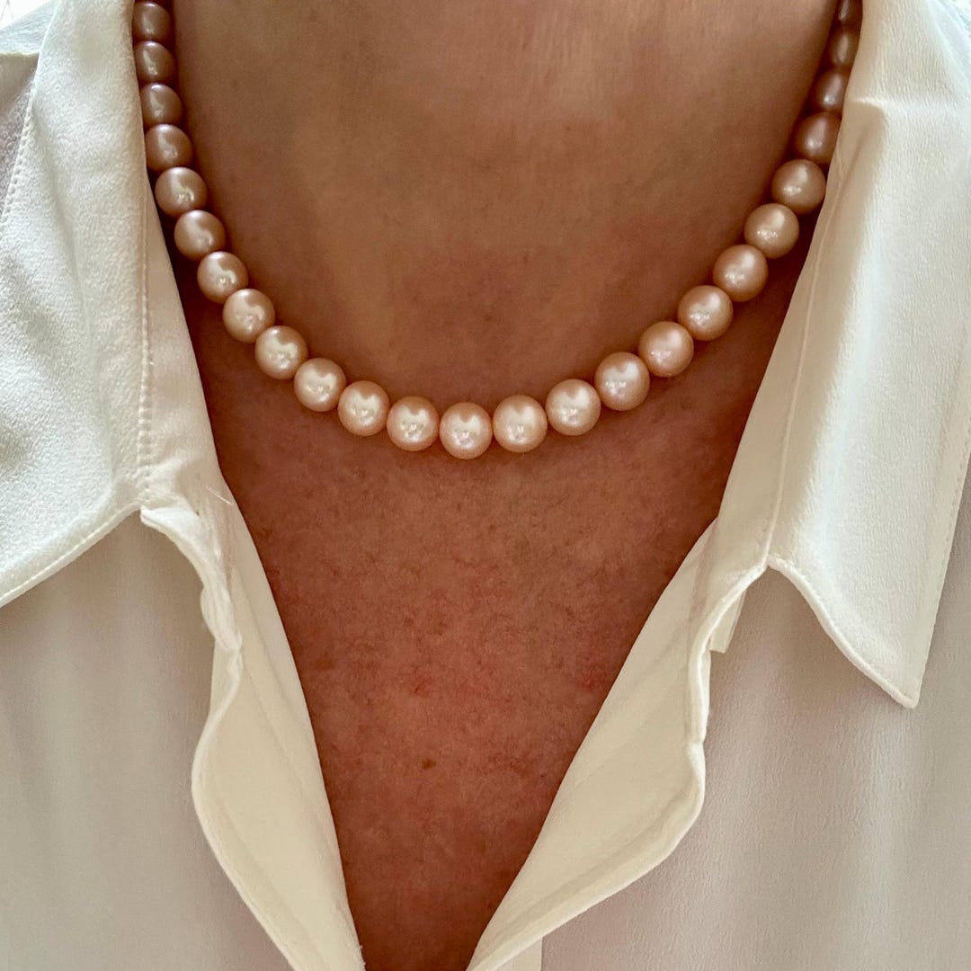 Peach Salmon Pink Freshwater Pearl Necklace, 10mm AAAAA Round