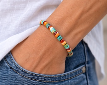 Turquoise & Spiny Oyster Bracelet, 6mm Heishi Beads, Southwestern Jewelry