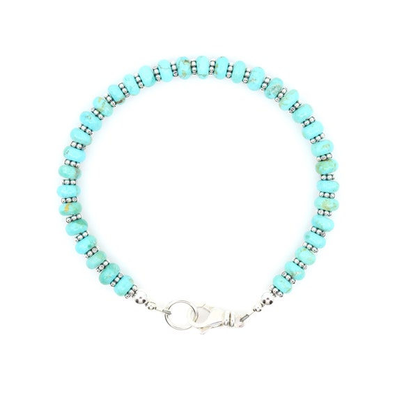 Bracelet Kingman turquoise, bracelet de perles turquoise bleu-vert avec fermoir et perles de Bali en argent sterling, bracelet de véritables pierres précieuses naturelles