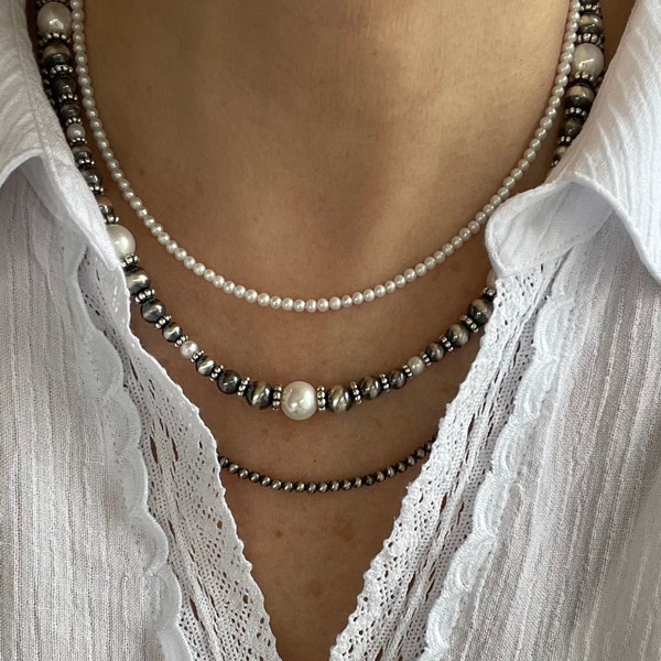 Elegant Pearl & Silver Necklace, Striking Stunning Feminine Sparkly Unique Modern Statement Round Beaded Wave Graduated Choker Jewelry