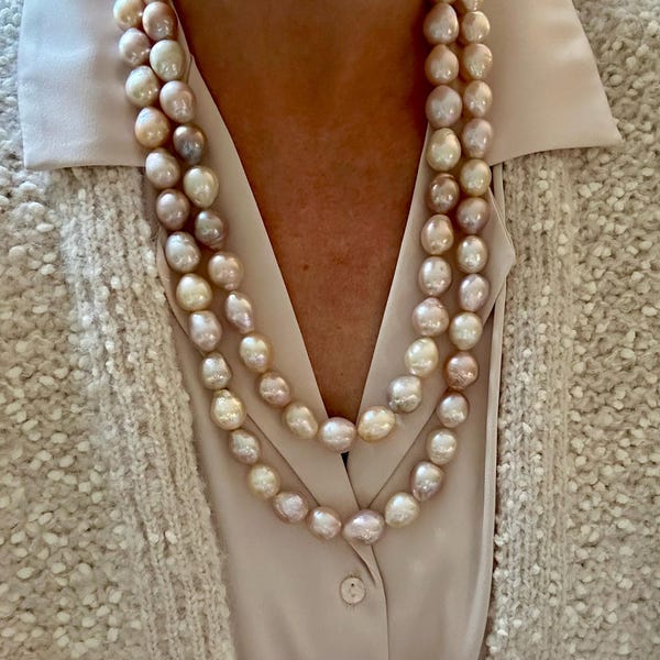 Large 14mm Mauve Pink Baroque Pearl Necklace, 14k Gold or Silver Statement Jewelry, Golden Champagne, Multicolor Modern Beaded Choker Gift