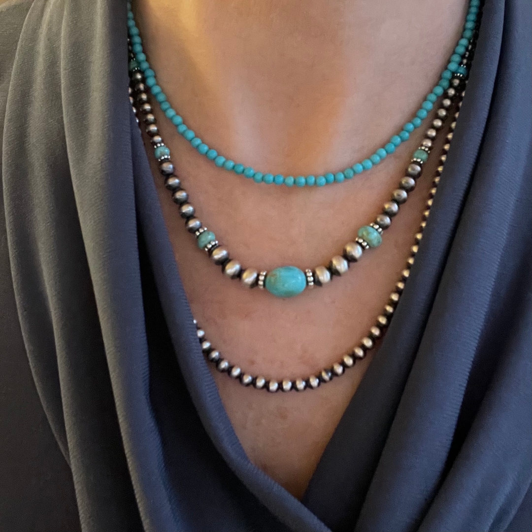 Kingman Turquoise Necklace, Blue Green or Blue Beads, Graduated
