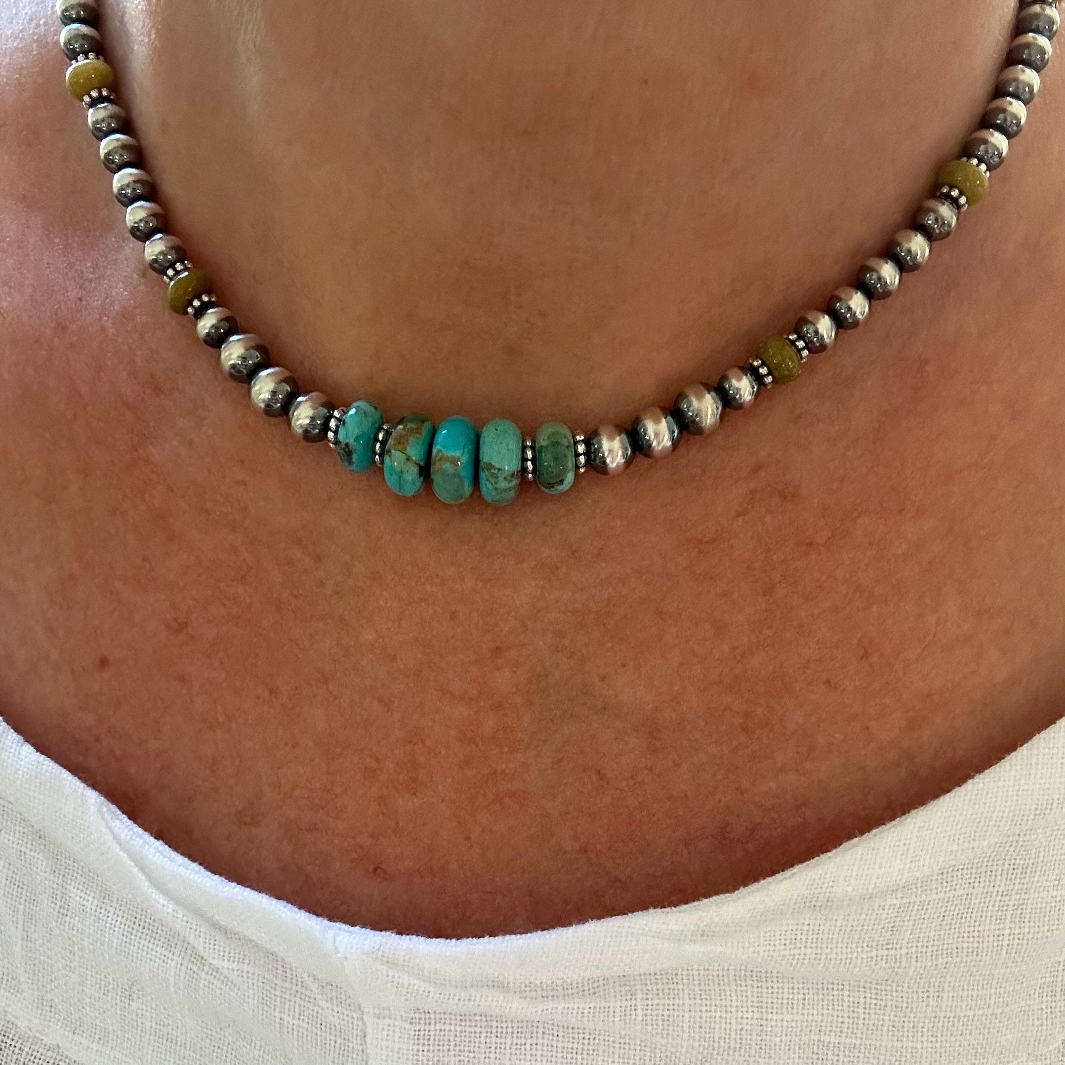 Kingman Turquoise Beaded Necklace, Graduated Navajo Pearl Necklace, Native American Silver Necklace, Southwestern Gemstone Necklace