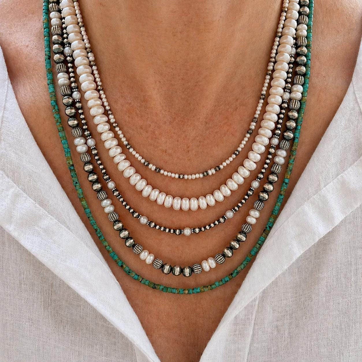 Freshwater Pearl and Navajo Pearls Necklace, 6mm Silver Oxidized