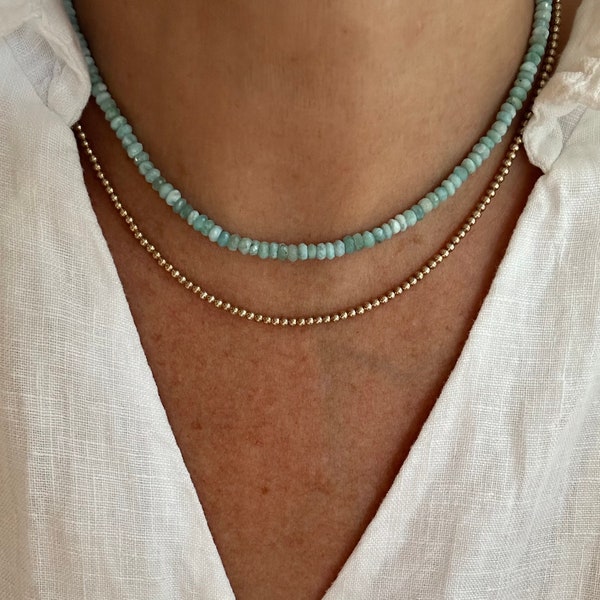 4.5mm Small Faceted Blue Larimar Beaded Necklace, AAA Gorgeous Dominican Republic Sky Blue Natural Tiny Rondelle Gemstone Choker Jewelry