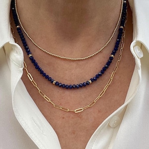 3.5mm Faceted Lapis Beaded Necklace, AAA Blue Lapis Lazuli Gemstone Choker, 14k Solid, Sterling Silver, Gold Filled, Gift for Her