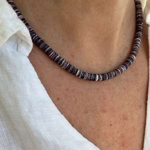 6mm Purple Wampum Heishi Necklace | Native American-Inspired Jewelry | Plum Shell Bead Choker for Women | Handmade Sterling Silver Design